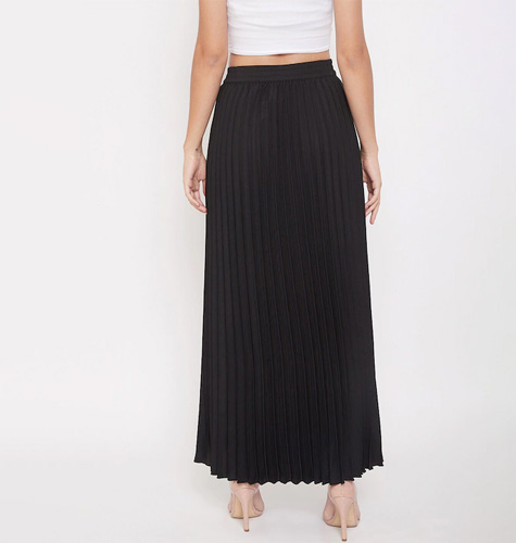 Black Pleated Maxi Flared Skirt